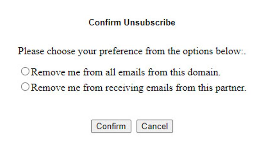 Email template view showing the unsubscribe link at the bottom footer: 'To no longer receive our emails, click to unsubscribe.'