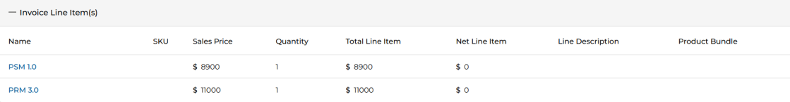Invoice Line Items table showing Name, SKU, Sales Price, Quantity, Total Line Item, Net Line Item, Line Description, and Product Bundle