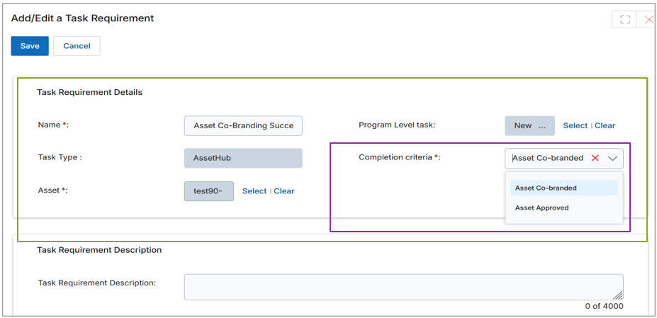 Add/Edit a Program Level Task — Task Type dropdown showing AssetHub option