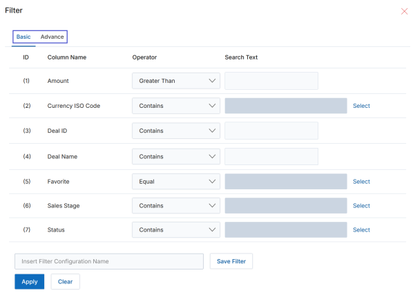 Filter pop-up — Basic tab showing column name rows for Amount, Currency ISO Code, Deal ID, Deal Name, Favorite, Sales Stage, and Status with Operator dropdowns and Search Text inputs