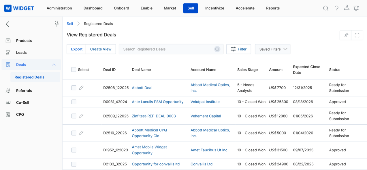 View Registered Deals — list with Add, Export, and Create View buttons, showing Deal ID, Deal Name, Account, Sales Stage, Amount, Approved Date, Expected Close Date, Primary Sales Contact, Status, and Favorite columns