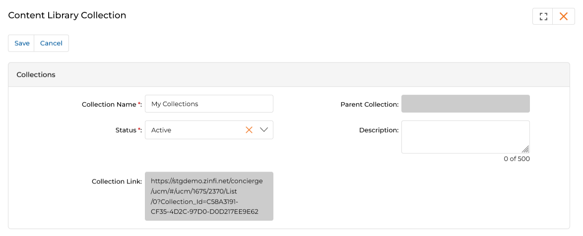 Content Library Collection edit page showing Collection Name My Collections, Status Active, Collection Link URL field