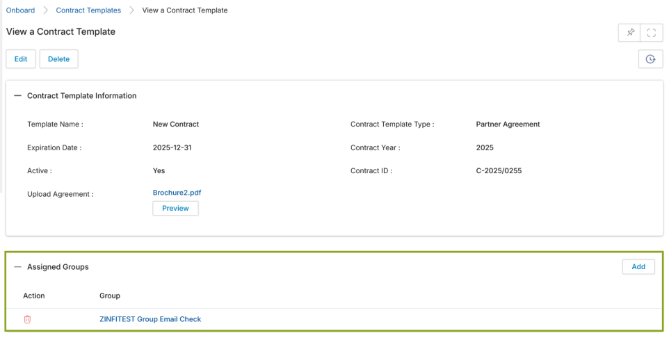 View a Contract Template — Assigned Groups related list showing ZINFITEST Group Email Check assignment