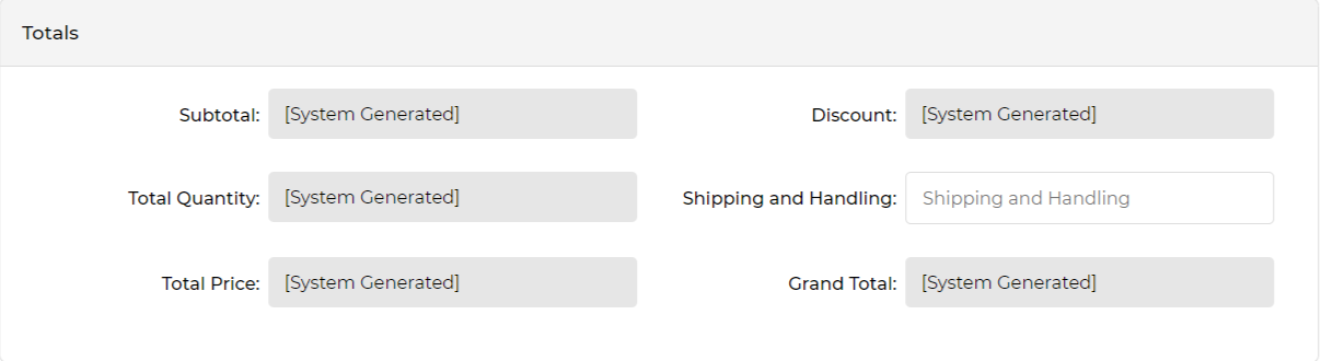 Totals section of Add Invoice form with system-generated Subtotal, Discount, Total Quantity, Shipping and Handling, Total Price, and Grand Total