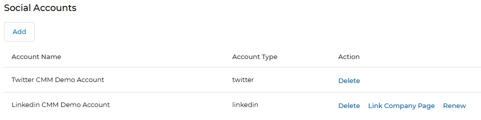 Social Accounts list showing Twitter CMM Demo Account and Linkedin CMM Demo Account with Delete, Link Company Page, and Renew actions