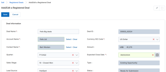 Add/Edit a Registered Deal — Simplified Deal Registration form showing Deal Name, Account Name, Contact Name, Quarter, Sales Stage, Lead Source, Currency ISO Code, Amount, Expected Close Date, Type, and Status fields