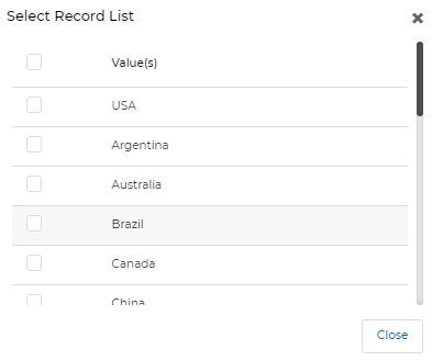 Select Record List dialog showing country filter options: USA, Argentina, Australia, Brazil, Canada, China with checkboxes
