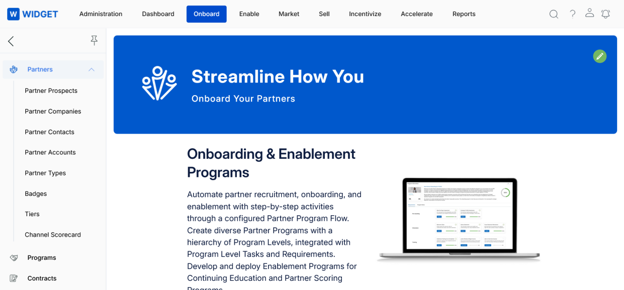 Partner navigation menu showing Partner Prospects, Companies, Contacts, Accounts, Partner Types, Badges, Tiers, and Channel Scorecard sub-items