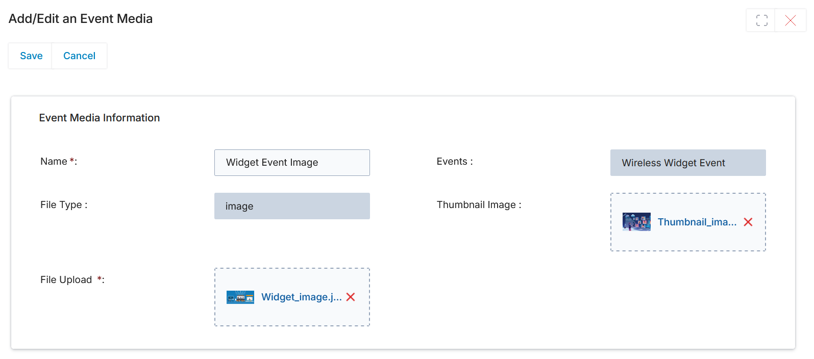 Add/Edit an Event Media form showing Name, Events, File Type, Thumbnail Image, and File Upload fields