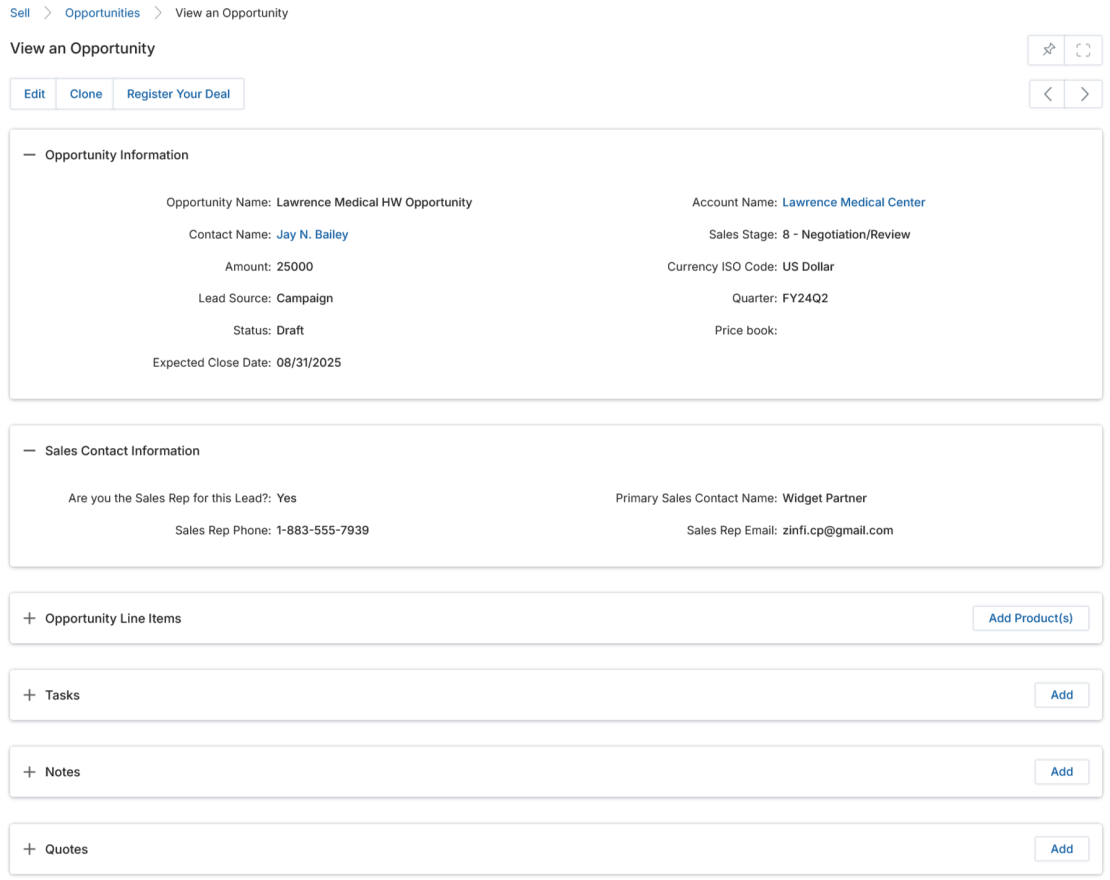 View Opportunity details page — Opportunity Information and Sales Contact Information sections