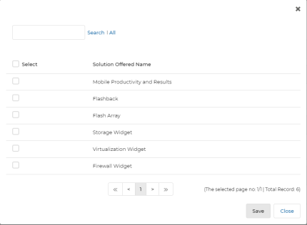 Solutions Offered sub-table — Solution Name column with Add button