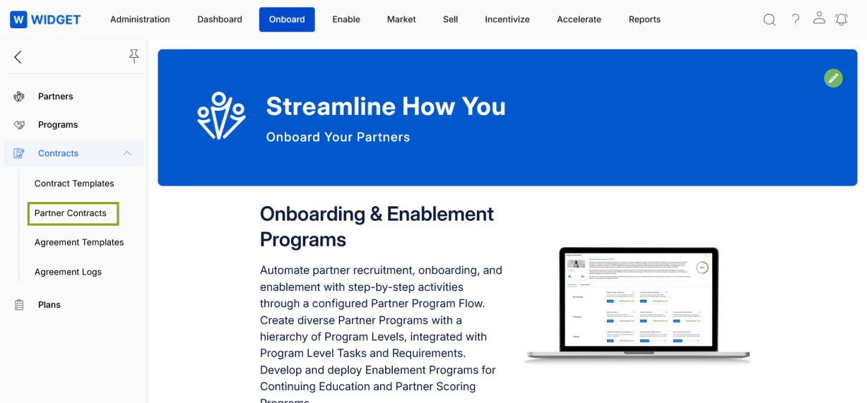 Onboard module — Partner Contracts highlighted in the left menu bar