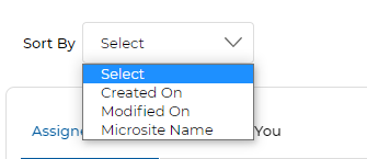 Sort By dropdown showing options: Select, Created On, Modified On, Microsite Name