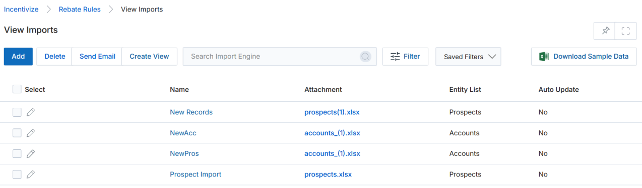 View Rebate Rules list with Import button highlighted in the toolbar, showing three rules: Rebate Rule - Generic (Pending Approval, Quarterly), Zinfitest_R_Rule (Ready for Submission, Monthly, Invoice), Zinfitest rule 1 (Pending Approval, Quarterly)