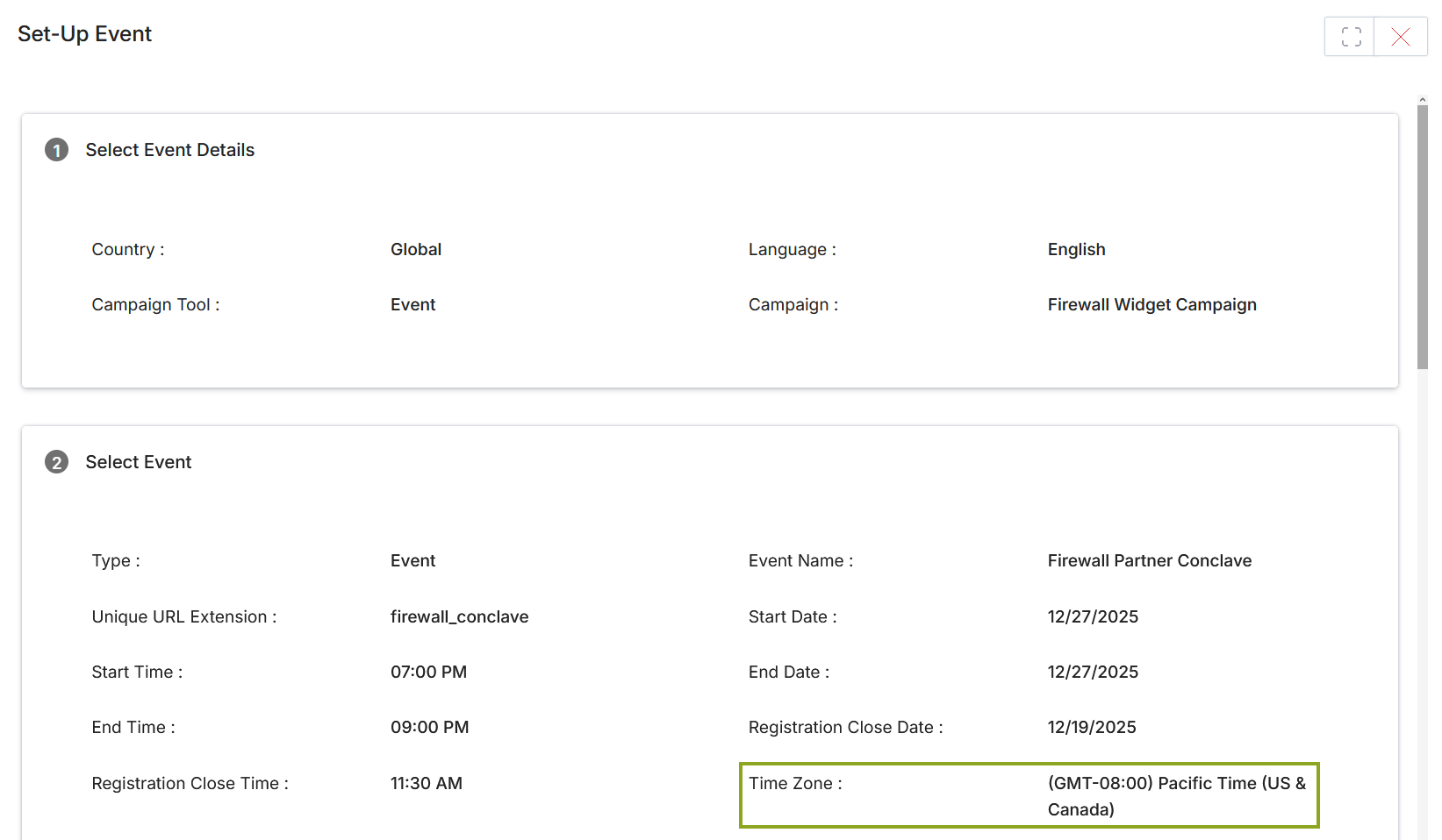 Set-Up Event modal — Steps 1 and 2 displayed side-by-side