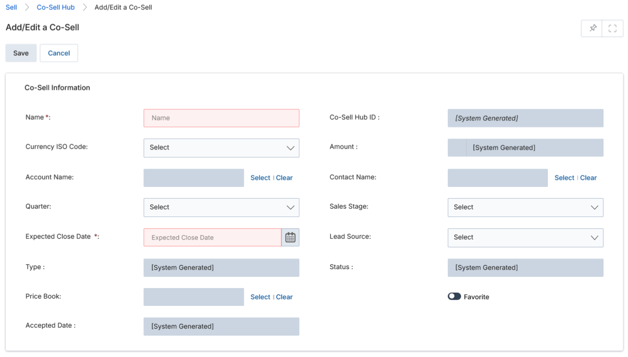 Add/Edit a Co-Sell form — blank state showing all fields and system-generated indicators