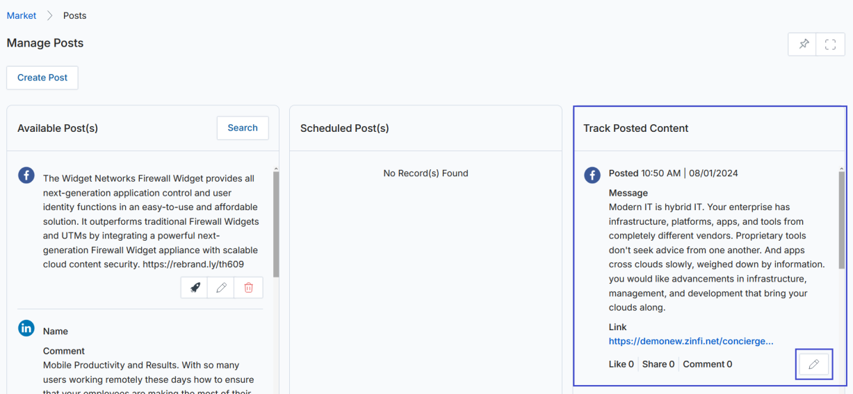 Manage Posts page with Track Posted Content panel highlighted, showing a posted Facebook message with Like 0, Share 0, Comment 0 engagement metrics and a pencil Edit & Repost icon