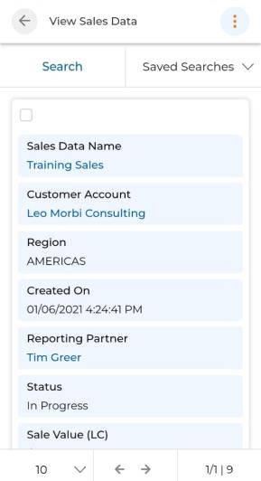 Channel Data sub-menu and View Sales Data list showing Sales Data Name, Customer Account, Region, Created On, Reporting Partner, Status, Sale Value
