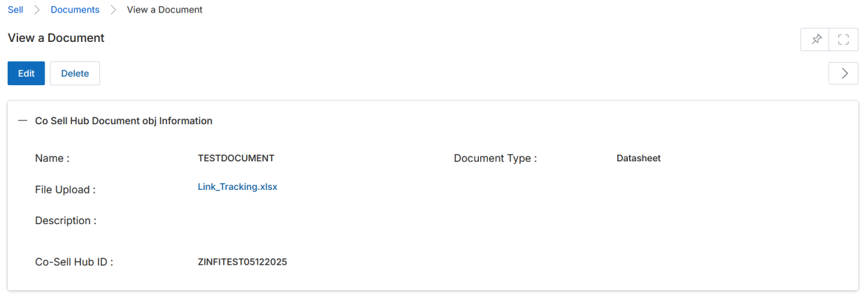 View a Document details page — Name, Document Type, File Upload, Description, Co-Sell Hub ID