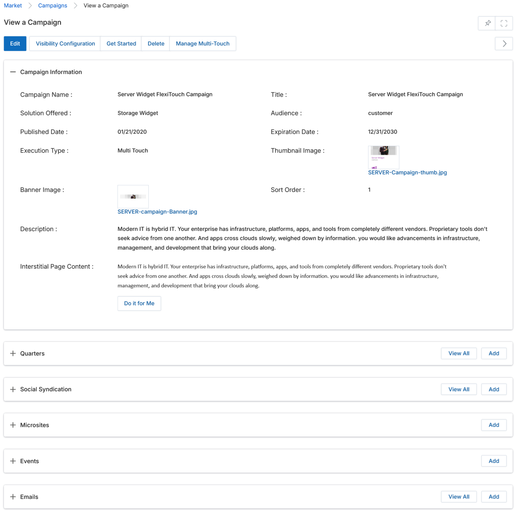 View a Campaign page showing Campaign Information fields — Campaign Name, Solution Offered, Published Date, Execution Type, Banner Image, Description, Interstitial Page Content — with Quarters, Social Syndication, Microsites, Events and Emails sections collapsed