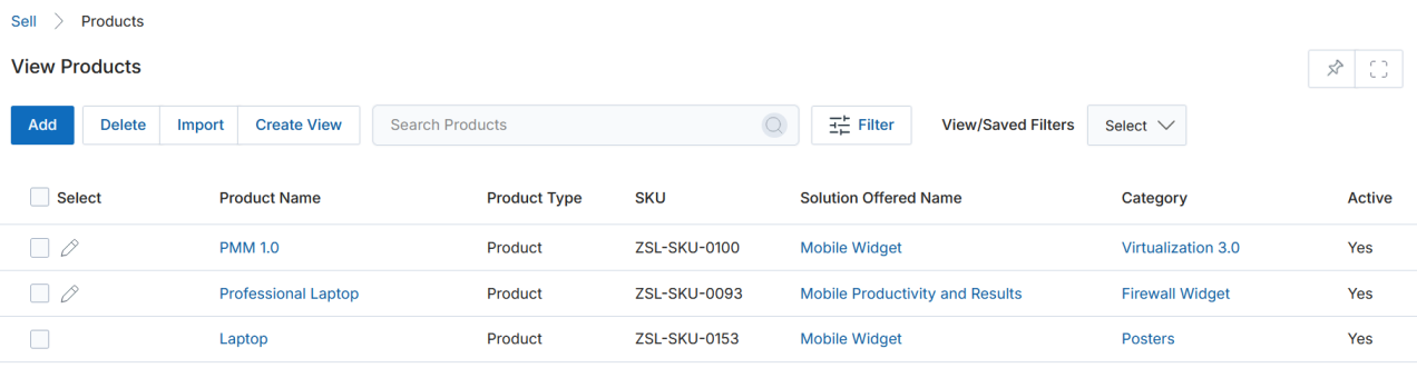 View Products — listing with PMM 1.0, Professional Laptop, Laptop records