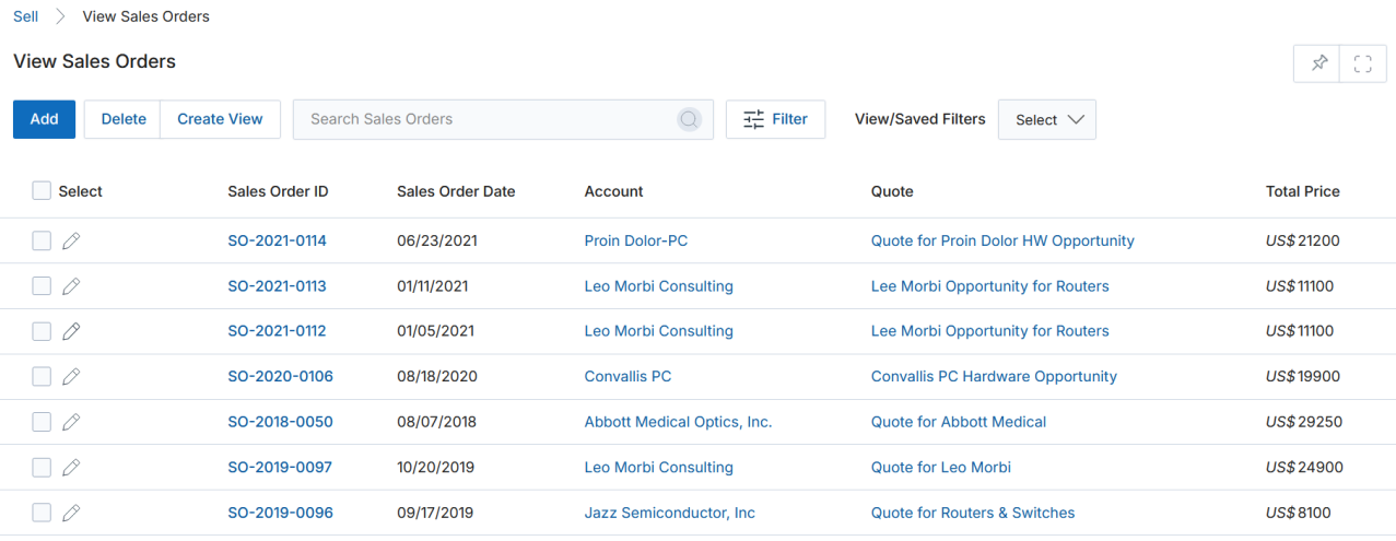 View Sales Orders list showing Sales Order ID, Sales Order Date, Account, Quote, and Total Price columns