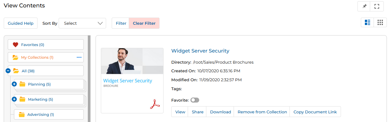 View Contents showing My Collections (1) selected in tree, Widget Server Security with Remove from Collection button highlighted