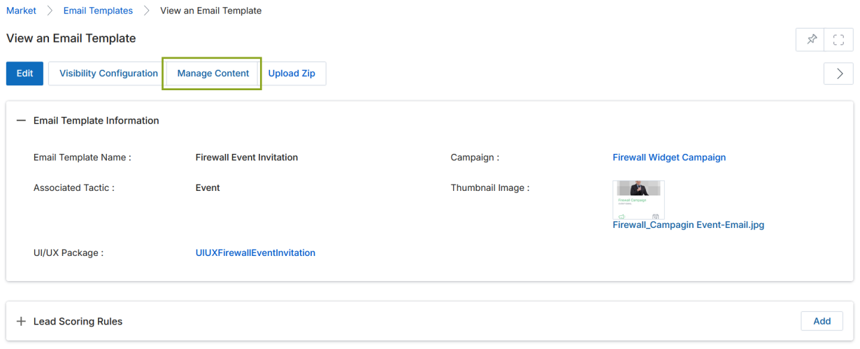 View an Email Template page with Edit, Visibility Configuration, Manage Content, and Upload Zip buttons, showing Email Template Information section and Lead Scoring Rules related list