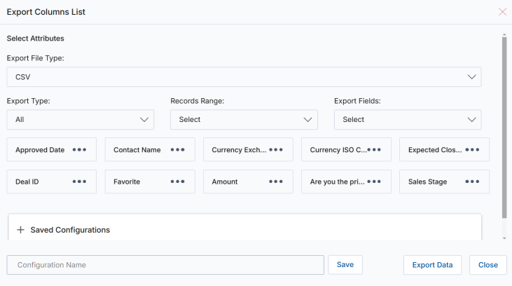 Export Columns List modal showing CSV file type, Export Type dropdown, Records Range dropdown, Export Fields dropdown, and available attribute checkboxes including Approved Date, Contact Name, Currency Exchange, Deal ID, Favorite, Amount, and Sales Stage