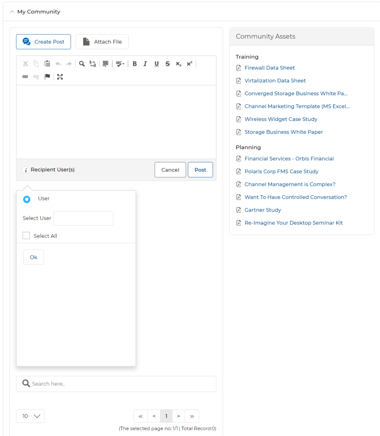 My Community panel showing Create Post / Attach File buttons, recipient selector, and Community Assets sidebar