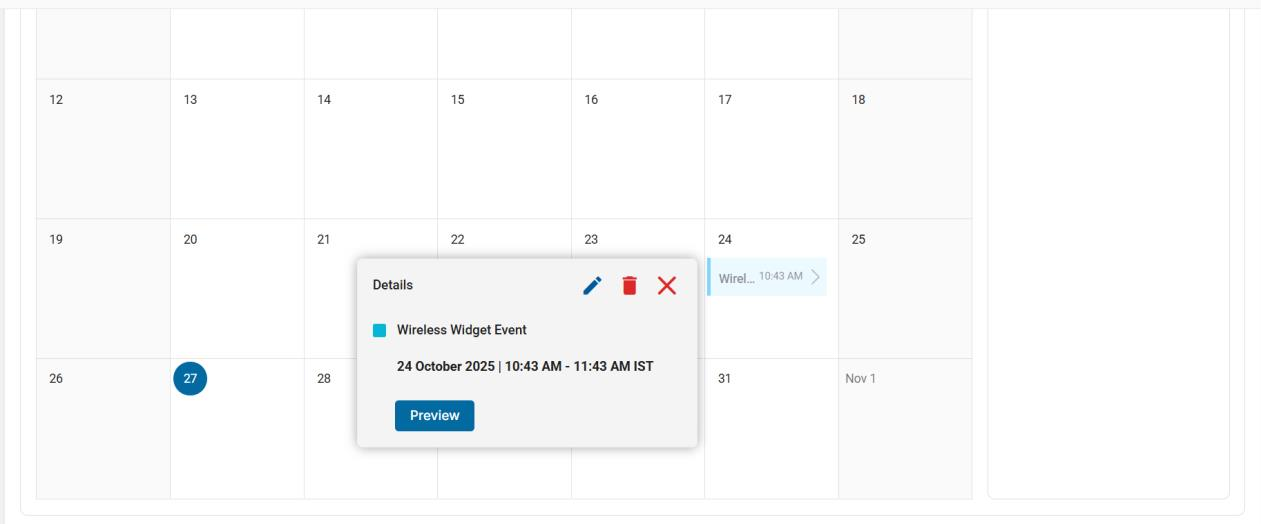 Calendar with event detail popup showing Wireless Widget Event date/time and the Preview button