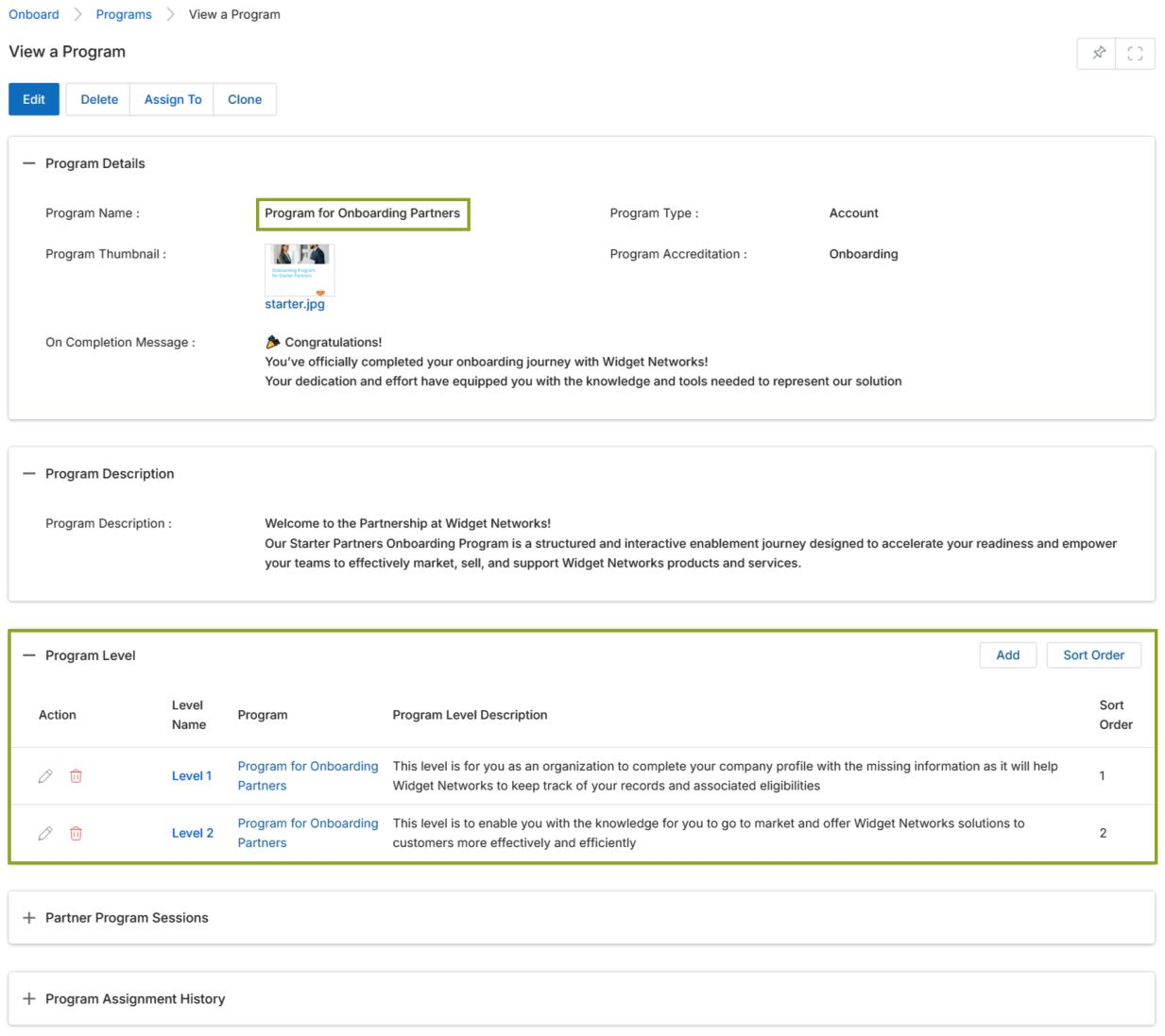 Cloned program — program detail page showing inherited Program Levels