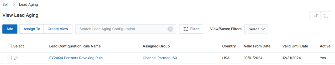 View Lead Aging — Lead Configuration Rule Name, Assigned Group, Country, Valid From Date, Valid Until Date, Active listing