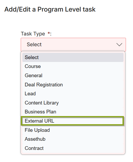 Add/Edit a Program Level Task — Task Type dropdown with all available types