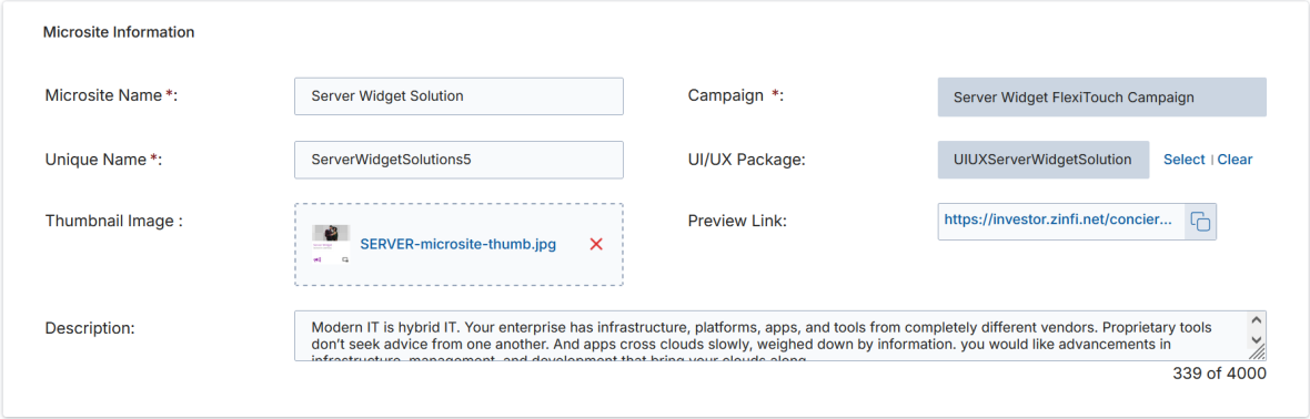Microsite Information section — edit form showing Microsite Name, Unique Name, Campaign, UI/UX Package, Thumbnail Image, Preview Link, and Description fields