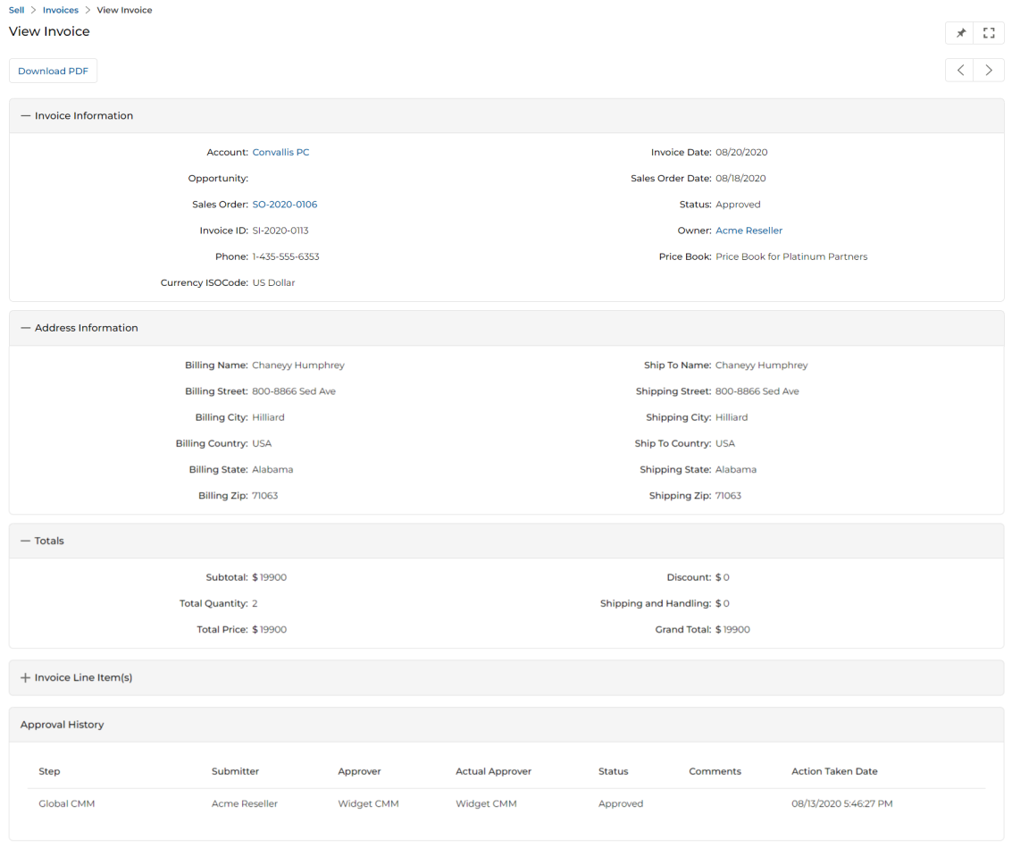 View Invoice detail page showing Download PDF button, Invoice Information, Address Information, Totals, Invoice Line Items, and Approval History sections