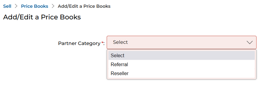 Add/Edit a Price Books — Partner Category selection dropdown with Referral and Reseller options