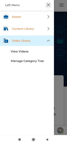 Video Library sub-menu and View Videos list with video thumbnails and Play/Download/Visibility Configuration buttons