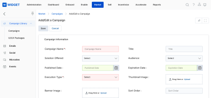 Add/Edit a Campaign form showing Campaign Name, Solution Offered, Audience and Execution Type fields