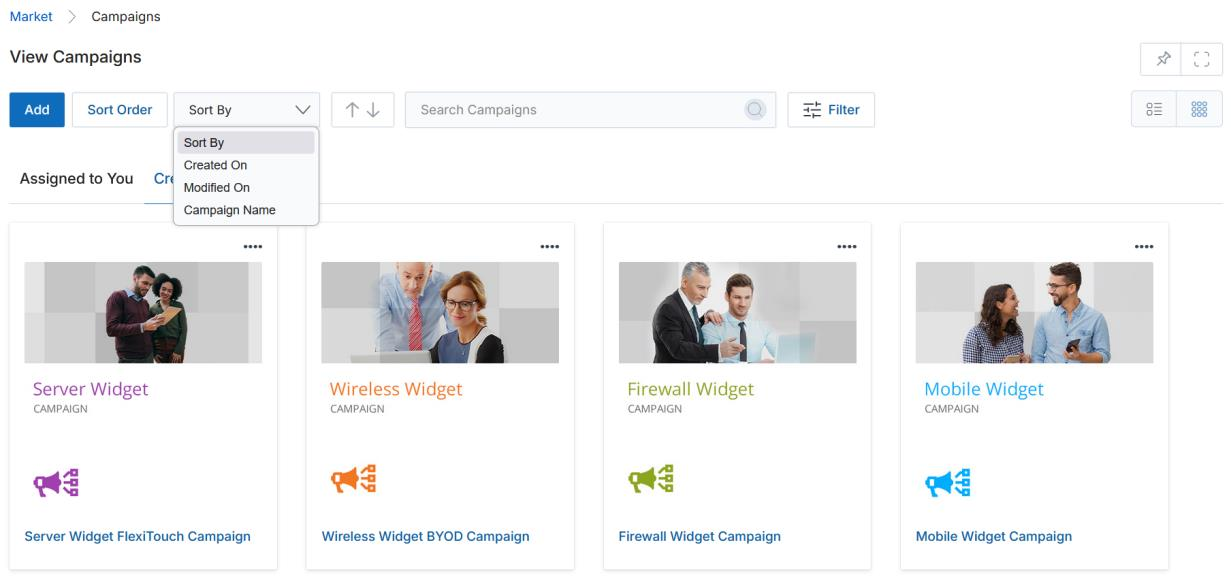 Sort Order List popup with draggable campaign rows — Server Widget FlexiTouch, Wireless Widget BYOD, Firewall Widget, Mobile Widget