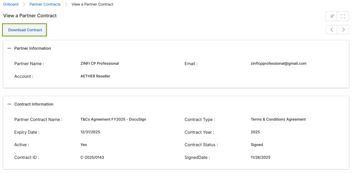 View a Partner Contract (DocuSign) — Partner Information and Contract Information sections with Download Contract button
