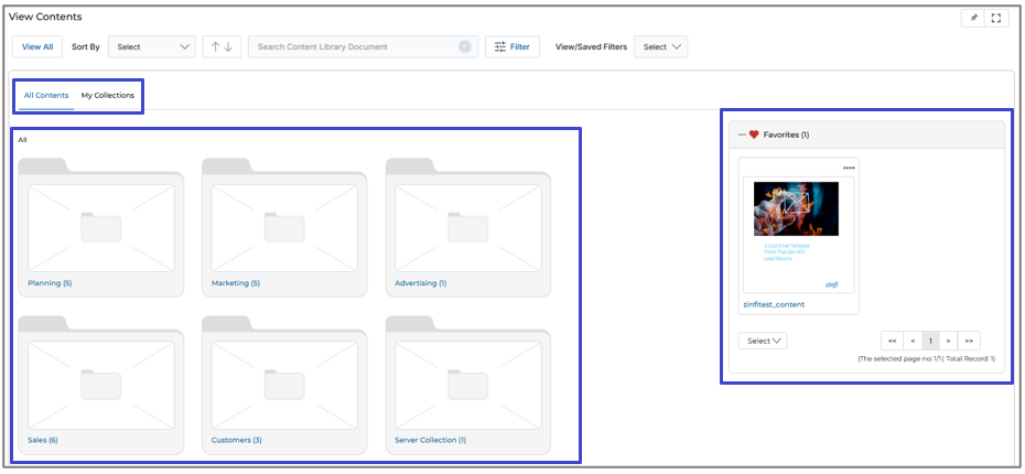 Folder View showing six folder tiles for Planning, Marketing, Advertising, Sales, Customers, and Server Collection, with Favorites panel on the right