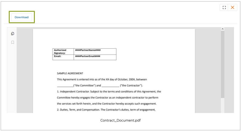 Contract Preview popup — displays the PDF with Download button and hashtag placeholders for partner name and email
