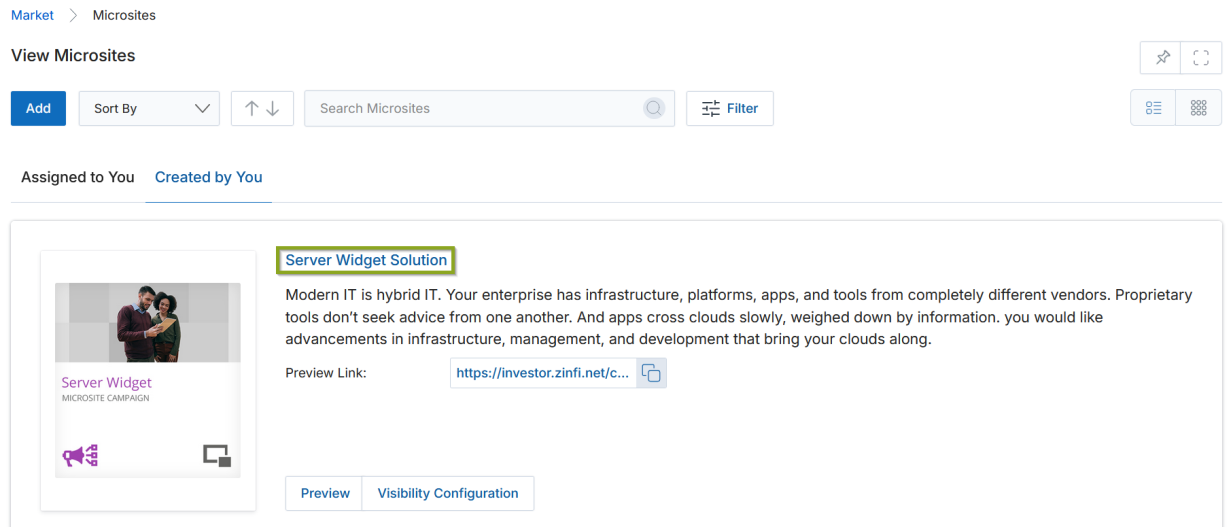 View a Microsite — detail page for the newly created Mobile Widget Microsite showing all sections