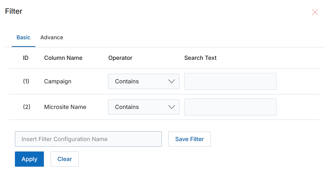 Filter pane — Basic tab with Campaign and Microsite Name fields, Apply and Clear buttons