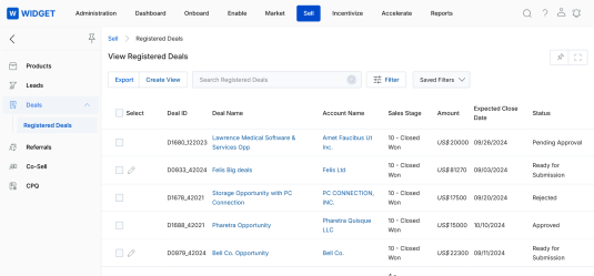 View Registered Deals — list view showing Deal ID, Deal Name, Account Name, Sales Stage, Amount, Expected Close Date, and Status columns