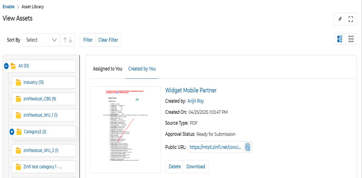 View Assets page in list view showing Widget Mobile Partner with Download button visible
