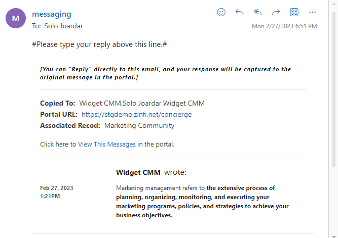 Email reply captured and synced back to the portal post thread