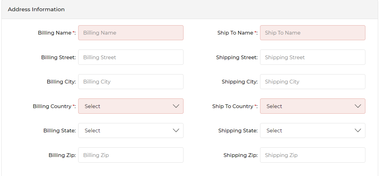 Address Information section of Add Invoice form with billing and shipping fields, mandatory fields marked