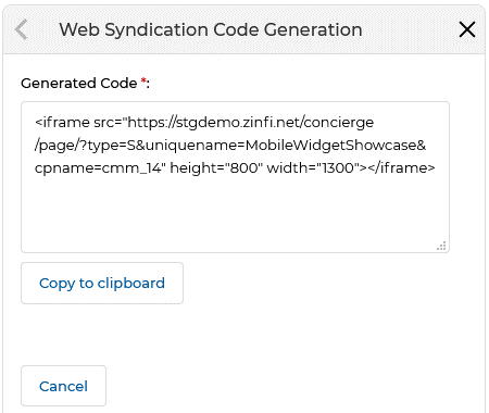 Web Syndication Code Generation panel showing a generated iFrame code snippet with a Copy to Clipboard button and a Cancel button